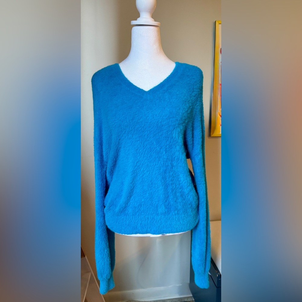 Halogen Bright Teal Fuzzy Crew Neck Sweater - Picture 2 of 5